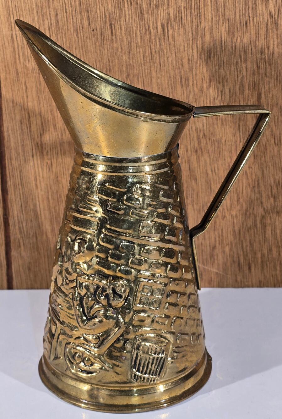 Vintage Brass Pitcher Made in England Embossed Tavern Scene Jug 8.5"